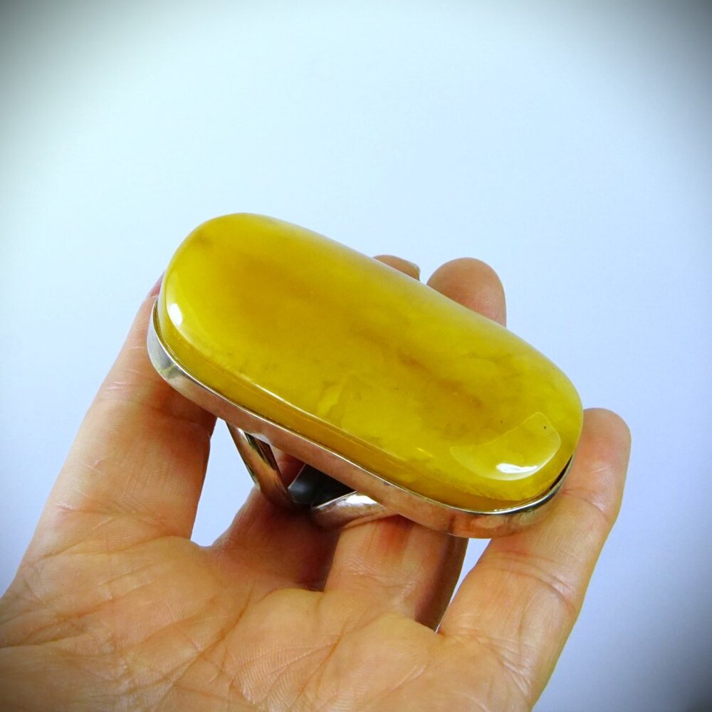 Massive Butterscotch Amber 925 Silver Adjustable Ring - Collectible Jewelry - Picture 12 of 16